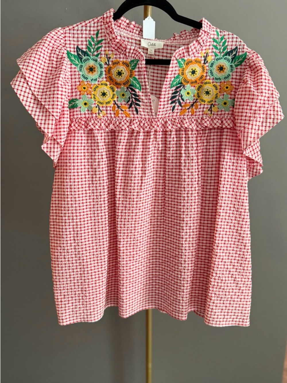 Oddi Embroidered Floral Gingham Blouse 1XL NWT | Boho Peasant Cottagecore Top